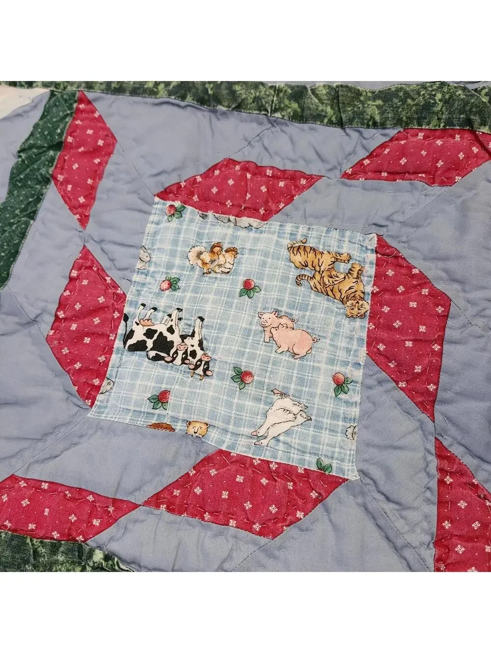 Handmade Quilt Farm Animals Print Throw Colorful Patchwork Shabby Chic Tattered
